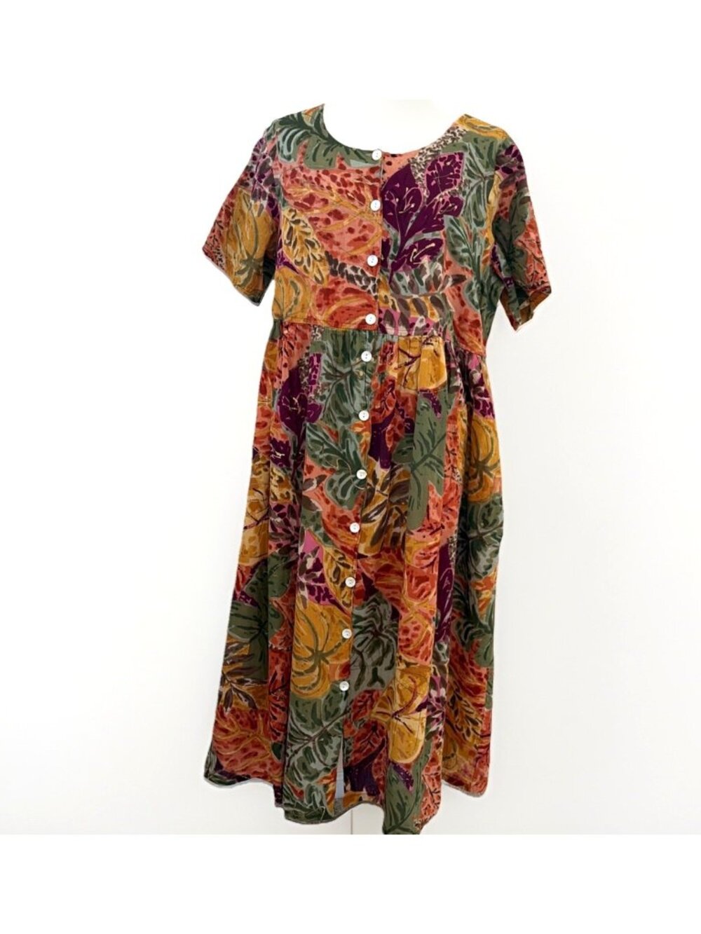 La Cera Button Front Shirt Dress Size L Multicolor Cotton Empire Waist Tropical